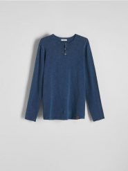 Sweter z bawełny - granatowy. Niebieskie swetry męskie Reserved, l, bez wzorów, z bawełny, bez kołnierzyka, bez ramiączek. W wyprzedaży za 59.99 zł.