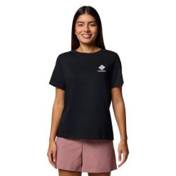 T-shirt sportowy z krótkim rękawem damski Rolling Bend Graphic SS Tee. Czarne koszulki sportowe damskie Columbia, l, bez wzorów, z bawełny, bez ramiączek. Za 99.99 zł.