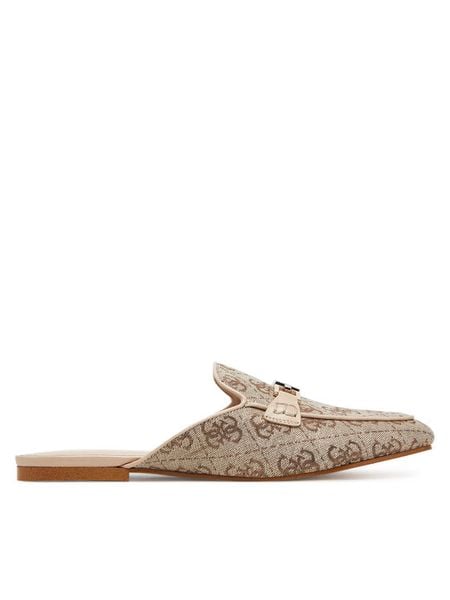 Guess Klapki FLJBO2 LEL06 Beżowy. Brązowe klapki damskie Guess, z aplikacjami, z poliesteru, bez obcasa, bez zapięcia. Za 309.99 zł.