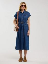 Sukienka damska midi jeansowa z paskiem granatowa Bailey 361. Niebieskie sukienki damskie BIG STAR, l, bez wzorów, z denimu, retro, bez kołnierzyka, bez ramiączek, midi, rozkloszowane. W wyprzedaży za 259.99 zł.