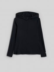 4F Longsleeve slim z kapturem damski - czarny S. Czarne koszulki sportowe damskie 4F, l, bez wzorów, z dresówki, bez ramiączek, trekkingowe. Za 169.99 zł.