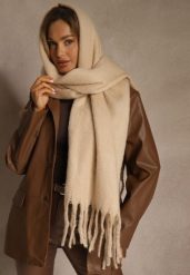 Beżowy Szalik Ozdobiony Frędzlami Owedela. Brązowe szaliki damskie Renee, bez wzorów, z jeansu. Za 44.99 zł.