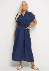 Granatowa Wiskozowa Sukienka Pudełkowa z Cienkim Paskiem i Kieszeniami Lumivorae. Niebieskie sukienki damskie Born2be, na co dzień, plus size, bez wzorów, z wiskozy, eleganckie, bez kołnierzyka, plus size, bez ramiączek, maxi, proste. Za 74.99 zł.