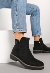 Czarne Botki na Płaskiej Podeszwie z Ozdobnymi Przeszyciami Harirae. Czarne botki damskie Renee, bez wzorów, z jeansu, eleganckie, z okrągłym noskiem, bez obcasa, na płaskiej podeszwie, bez zapięcia. Za 89.99 zł.