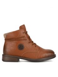 Rieker Trzewiki 71440-25 Brązowy. Brązowe botki damskie Rieker, bez wzorów, z materiału, bez obcasa, na płaskiej podeszwie, bez zapięcia. Za 265.99 zł.