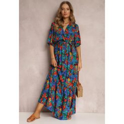 Niebiesko-Zielona Sukienka z Wiskozy Lylian. Niebieskie sukienki damskie Renee, na lato, l, z aplikacjami, z wiskozy, eleganckie, bez kołnierzyka, bez ramiączek, maxi, kopertowe. Za 69.99 zł.