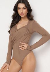 Ciemnobeżowe Body Eleganckie z Marszczeniem Ziellea. Brązowe body Born2be, bez wzorów, z jeansu. Za 44.99 zł.