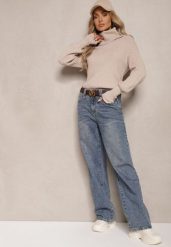 Niebieskie Jeansy z Bawełny o Prostym Kroju z Szerokimi Nogawkami i Paskiem Atteora. Niebieskie jeansy damskie Renee, bez wzorów, z bawełny, eleganckie. Za 119.99 zł.