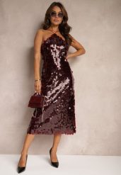 Bordowa Cekinowa Sukienka o Asymetrycznym Fasonie z Ozdobnym Wiązaniem na Plecach Leriseli. Czerwone sukienki damskie Renee, z aplikacjami, eleganckie, z asymetrycznym kołnierzem, bez ramiączek, midi, asymetryczne. Za 84.99 zł.