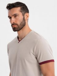 T-shirt męski z kontrastowymi wstawkami i dekoltem w serek – beżowy V2. Brązowe t-shirty męskie Ombre Clothing, m, bez wzorów, z dzianiny, bez kołnierzyka, bez ramiączek. W wyprzedaży za 97.49 zł.