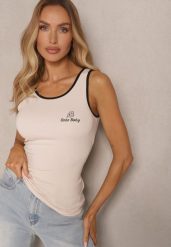 Jasnobeżowy Top z Wiskozą i Ozdobnym Nadrukiem Amotia. Brązowe topy damskie Renee, m, bez wzorów, z jeansu, bez kołnierzyka, bez ramiączek. Za 39.99 zł.