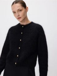 Kardigan z moherem - czarny. Czarne kardigany damskie Reserved, l, bez wzorów, z dzianiny, bez kołnierzyka. Za 299.99 zł.