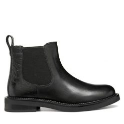 Sztyblety Geox. Czarne botki damskie Geox, bez wzorów, bez obcasa, na płaskiej podeszwie, bez zapięcia. Za 589.99 zł.