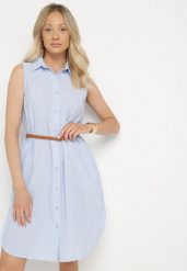 Jasnoniebieska Koszulowa Sukienka Bez Rękawów z Bawełny z Paskiem z Klamrą Mepea. Niebieskie sukienki damskie Born2be, na co dzień, l, bez wzorów, z bawełny, eleganckie, bez kołnierzyka, bez ramiączek, midi, kopertowe. Za 84.99 zł.
