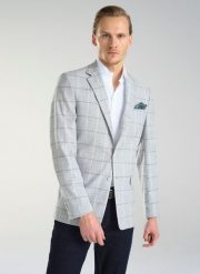 PAKO LORENTE – Jasnoszara marynarka męska w kratkę. Szare garnitury męskie Pako Lorente, m, bez wzorów, casualowe, bez kołnierzyka, bez ramiączek. Za 399.99 zł.