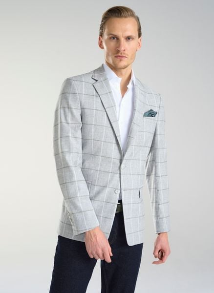 PAKO LORENTE – Jasnoszara marynarka męska w kratkę. Szare garnitury męskie Pako Lorente, m, bez wzorów, casualowe, bez kołnierzyka, bez ramiączek. Za 399.99 zł.