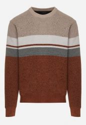 Beżowy Sweter z Wełną z Eleganckim Kołnierzykiem Koszulowym Espalea. Brązowe swetry męskie Born2be, l, z aplikacjami, z dzianiny, biznesowe, bez kołnierzyka, bez ramiączek. Za 89.99 zł.