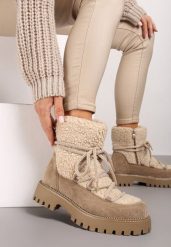 Ciemnobeżowe Śniegowce na Grubej Podeszwie z Cyrkoniami i Futerkową Wstawką Rianaella. Brązowe śniegowce damskie Born2be, bez zapięcia. Za 119.99 zł.