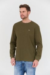 TOMMY JEANS Oliwkowy sweter. Zielone swetry męskie Tommy Jeans, l, bez wzorów, z jeansu, bez kołnierzyka, bez ramiączek. W wyprzedaży za 169.99 zł.