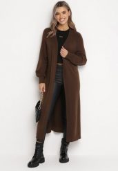 Beżowy Kardigan o Wydłużonym Fasonie z Kieszeniami i Ściągaczami Fredella. Brązowe kardigany damskie Born2be, bez wzorów, bez kołnierzyka. Za 139.99 zł.