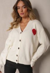 Biały Rozpinany Kardigan Ozdobiony Sercem Miathia. Białe kardigany damskie Renee, bez wzorów, z jeansu, eleganckie, bez kołnierzyka. Za 129.99 zł.