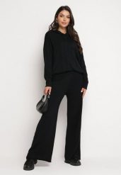 Czarny Dzianinowy Komplet Bluza z Kapturem w Warkoczowy Splot i Spodnie z Szerokimi Nogawkami Narahai. Czarne bluzy damskie Born2be, bez wzorów, z dzianiny, bez ramiączek, z kapturem. Za 119.99 zł.