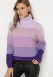 Fioletowy Golf Klasyczny Zimowy Sweter z Kaszmirem Aziena. Fioletowe swetry nierozpinane damskie Born2be, na zimę, bez wzorów, z jeansu, eleganckie, bez kołnierzyka, bez ramiączek. Za 119.99 zł.