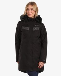 Płaszcz damski Kilpi Peru. Czarne płaszcze damskie Kilpi, l, bez wzorów, z materiału, eleganckie, bez kołnierzyka, bez kaptura. Za 435.50 zł.