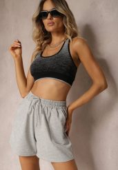 Jasnoszare Dresowe Szorty High Waist z Gumką w Talii Narefia. Szare szorty damskie Renee, w ażurowe wzory, z dresówki, eleganckie, z podwyższonym stanem. Za 14.99 zł.