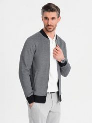 Męska bluza bomberka z dzianiny pique – czarna V1 - Rozmiar: XL. Czarne bluzy męskie Ombre Clothing, m, bez wzorów, z bawełny, eleganckie, bez ramiączek, bez kaptura. W wyprzedaży za 164.99 zł.