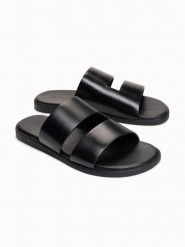 Męskie skórzane klapki z gumową podeszwą - czarne V1. Czarne klapki męskie Ombre Clothing, bez wzorów, z gumy, bez zapięcia. Za 469.99 zł.