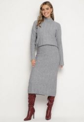 Ciemnoszary Dzianinowy Komplet z Wiskozą o Tłoczonym Splocie Sweter z Półgolfem i Spódnica Atteris. Szare swetry nierozpinane damskie Born2be, l, bez wzorów, z dzianiny, eleganckie, bez kołnierzyka, bez ramiączek. Za 159.99 zł.