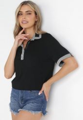Czarny T-shirt Polo z Ozdobnymi Taśmami i Cyrkoniami Kythy. Czarne t-shirty damskie Born2be, m, bez wzorów, bez kołnierzyka, bez ramiączek. Za 44.99 zł.