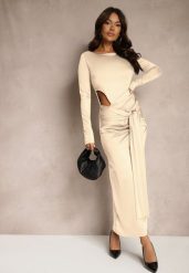 Beżowa Koktajlowa Sukienka z Ozdobnym Wycięciem i Wiązaniem Vamicea. Brązowe sukienki damskie Renee, m, bez wzorów, eleganckie, z asymetrycznym kołnierzem, bez ramiączek, maxi, asymetryczne. Za 139.99 zł.