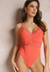Pomarańczowe Body z Koronką Przy Dekolcie i Regulowanymi Ramiączkami Stela. Brązowe body Renee, bez wzorów, z koronki. Za 34.99 zł.