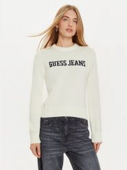 Guess Jeans Sweter W4BR10 Z3HM1 Biały Regular Fit. Białe swetry nierozpinane damskie Guess Jeans, xl, z aplikacjami, z bawełny, bez kołnierzyka, bez ramiączek. Za 299.99 zł.