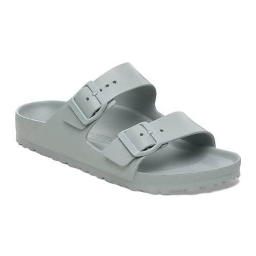 Klapki damskie Birkenstock Arizona Eva Pure Sage. Zielone klapki damskie Birkenstock, bez wzorów, z materiału, bez obcasa, bez zapięcia. Za 359.00 zł.