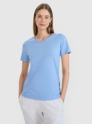 4F T-shirt regular gładki damski - niebieski L. Niebieskie t-shirty damskie 4F, l, bez wzorów, z bawełny, klasyczne, bez kołnierzyka, bez ramiączek. Za 49.99 zł.