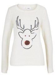 Sweter bożonarodzeniowy z motywem renifera z cekinami. Białe swetry nierozpinane damskie bonprix, bez wzorów, bez kołnierzyka, bez ramiączek. Za 129.99 zł.