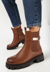 Brązowe Botki na Grubej Podeszwie z Klamerką Venafic. Brązowe botki damskie Born2be, bez wzorów, bez obcasa, na płaskiej podeszwie, bez zapięcia. Za 159.99 zł.
