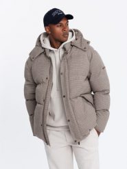 Mocno ocieplana męska kurtka typu puffer w pepitkę – brązowa V1 - Rozmiar: S. Brązowe kurtki męskie Ombre Clothing, m, z aplikacjami, z materiału, bez kaptura. W wyprzedaży za 299.99 zł.