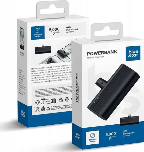 BLUE STAR powerbank 5000 mAh z wbudowanym złączem Typ C 2,1A W0556 czarny. Czarne powerbanki BlueStar. Za 37.82 zł.