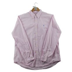 Second life - Klasyczna koszula męska w paski różowa - Jak nowy. Czerwone koszule męskie Ralph Lauren, m, bez wzorów, eleganckie, bez kołnierzyka, bez ramiączek. Za 212.96 zł.