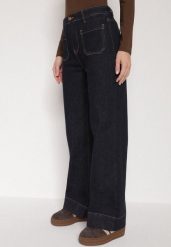 Granatowe Jeansy z Bawełną o Szerokim Kroju z Wysokim Stanem i Ozdobnymi Kieszeniami Adelsala. Niebieskie jeansy damskie Born2be, bez wzorów, z bawełny, eleganckie, z podwyższonym stanem. Za 99.99 zł.