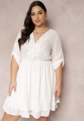 Biała Sukienka Mini z Gumką w Talii i Koronkowymi Wstawkami Kelia. Białe sukienki damskie Renee, na co dzień, l, bez wzorów, z koronki, eleganckie, bez kołnierzyka, bez ramiączek, midi, kopertowe. Za 89.99 zł.