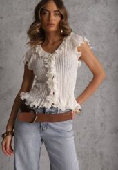 Biała Bluzka z Wiskozą w Prążki z Falbanami Eunione. Białe bluzki damskie Renee, l, bez wzorów, z jeansu, bez kołnierzyka, bez ramiączek. Za 89.99 zł.