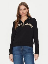 Guess Jeans Bluza W5RQ25 K68I4 Czarny Regular Fit. Czarne bluzy damskie Guess Jeans, l, z aplikacjami, z bawełny, bez ramiączek, bez kaptura. Za 199.99 zł.