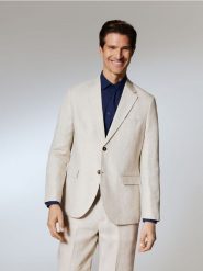 Lniana marynarka regular fit - beżowy. Brązowe garnitury męskie Reserved, bez wzorów. Za 429.99 zł.