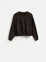 Gładka bluza - ciemnobrązowy. Brązowe bluzy damskie Reserved, l, bez wzorów, z bawełny, bez ramiączek, bez kaptura. Za 69.99 zł.