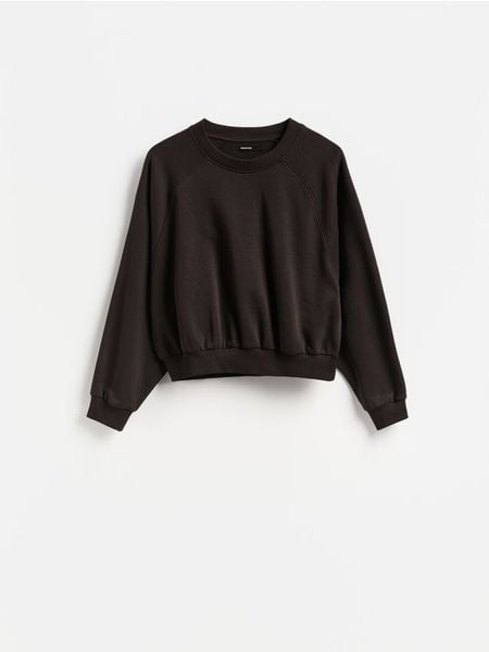 Gładka bluza - ciemnobrązowy. Brązowe bluzy damskie Reserved, l, bez wzorów, z bawełny, bez ramiączek, bez kaptura. Za 69.99 zł.